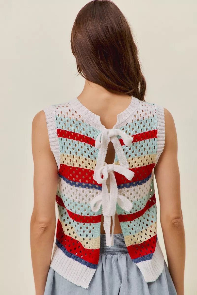 Red multi-stripe sweater knit tank top with tie-back detail from Trendsi's SO ME collection, casual and stylish for warm weather.