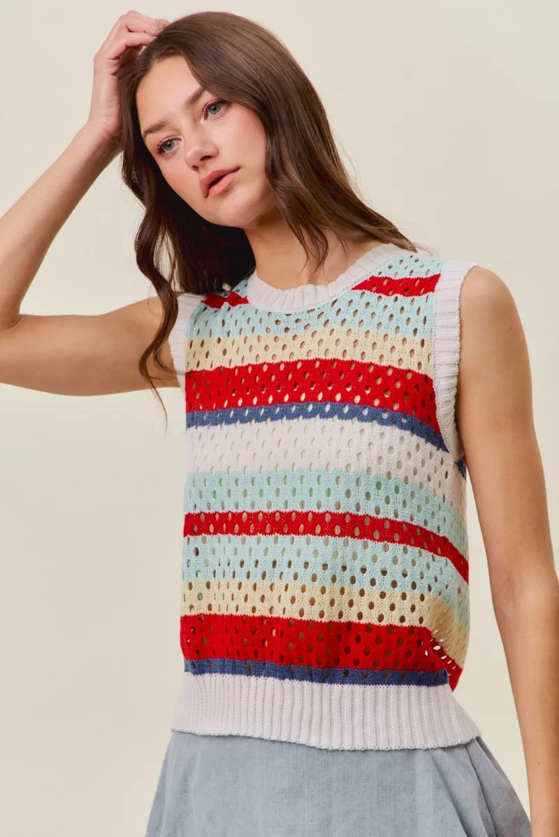 Trendsi SO ME tie-back multi-stripe sweater knit tank top in red, featuring a stylish back tie and colorful stripe pattern.