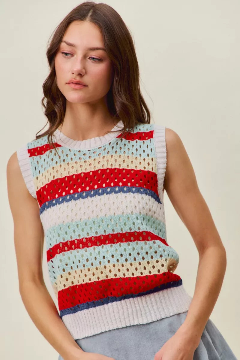Red multi-stripe SO ME tie-back sweater knit tank top by Trendsi featuring a sleeveless design and stylish back detail.