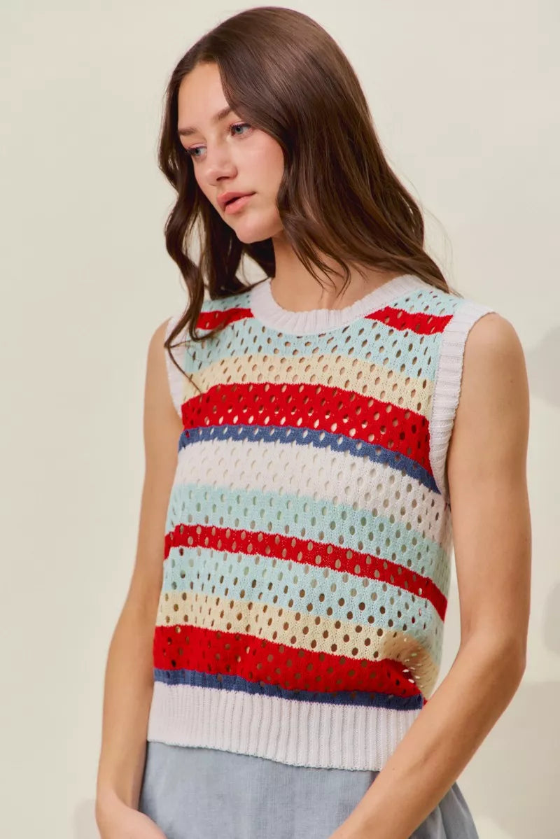 Trendsi SO ME tie-back multi stripe sweater knit tank top featuring colorful horizontal stripes and a stylish back tie detail.