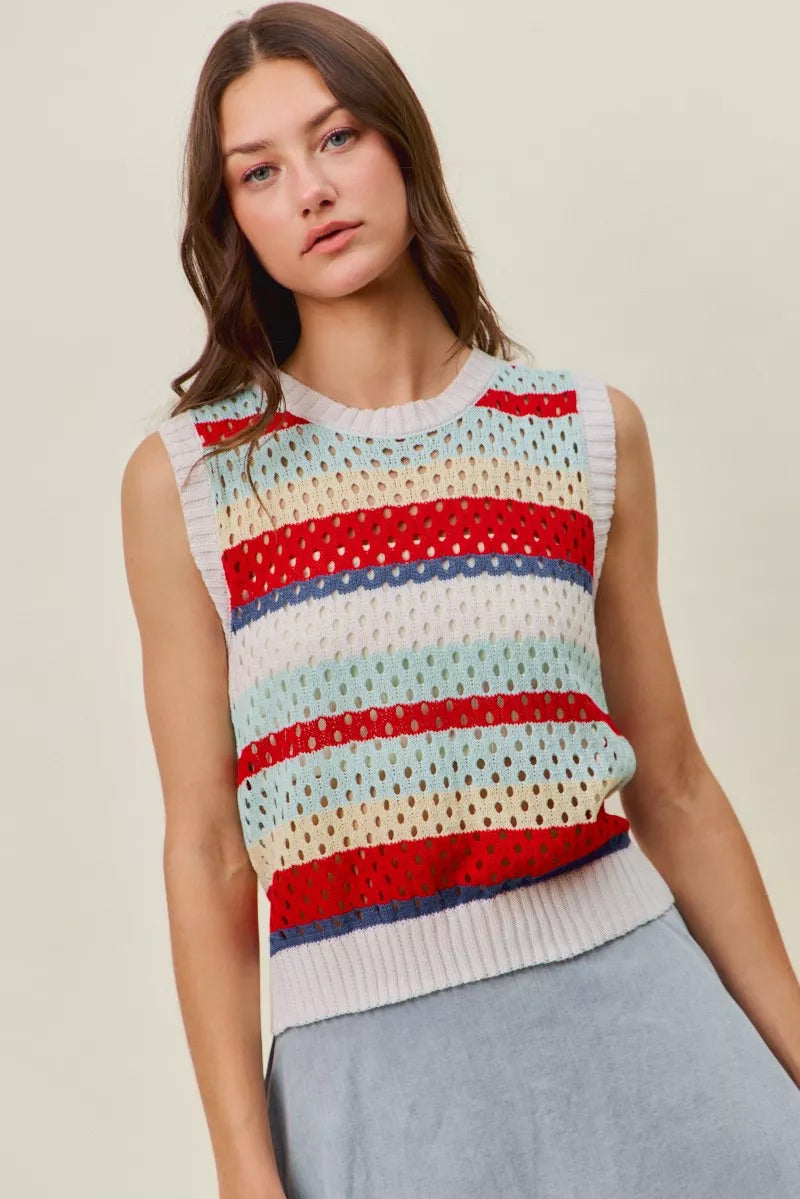 Red multi-stripe SO ME sweater knit tank top with tie-back detail, stylish sleeveless top from Trendsi.