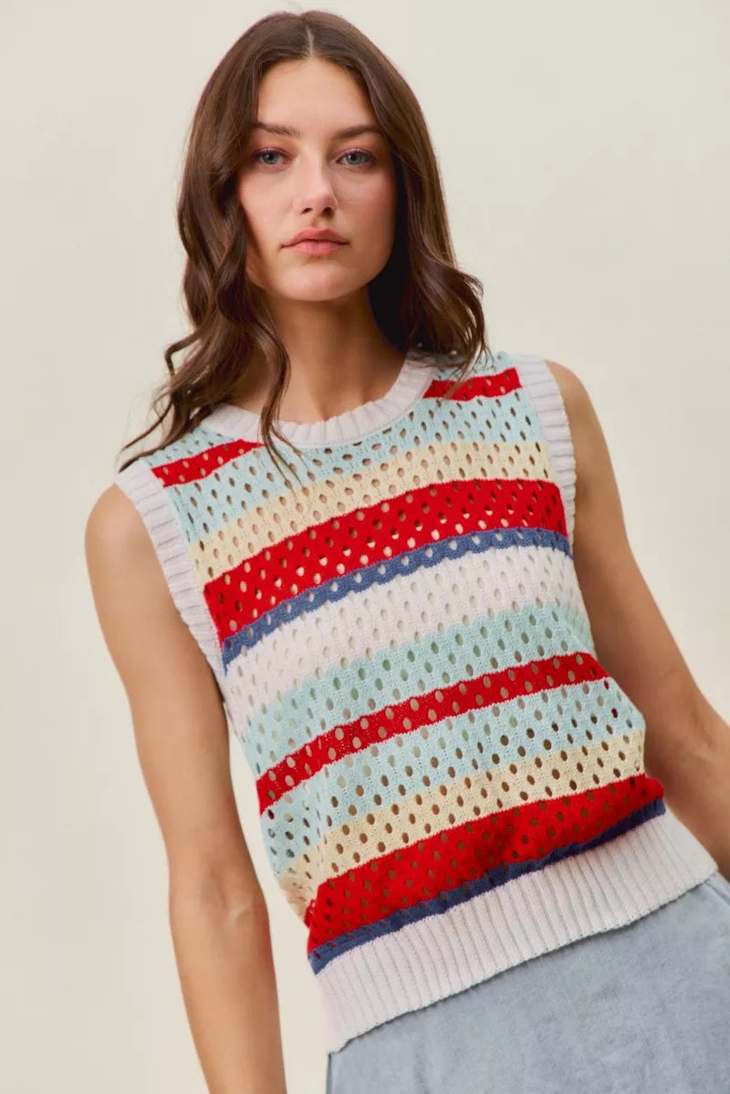 Red multi-stripe SO ME sweater knit tank top with tie-back detail, trendy sleeveless top by Trendsi.