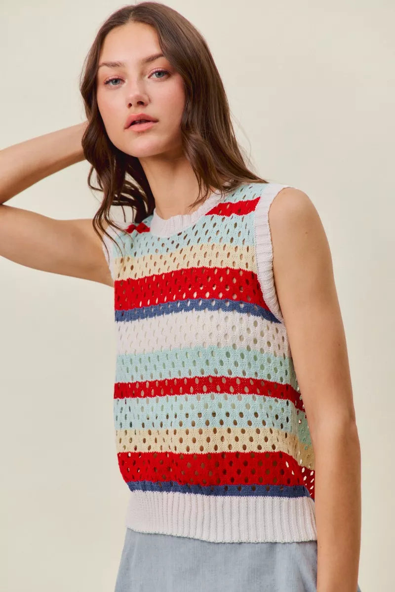 Red multi-stripe SO ME sweater knit tank top with tie-back detail, stylish sleeveless top by Trendsi.