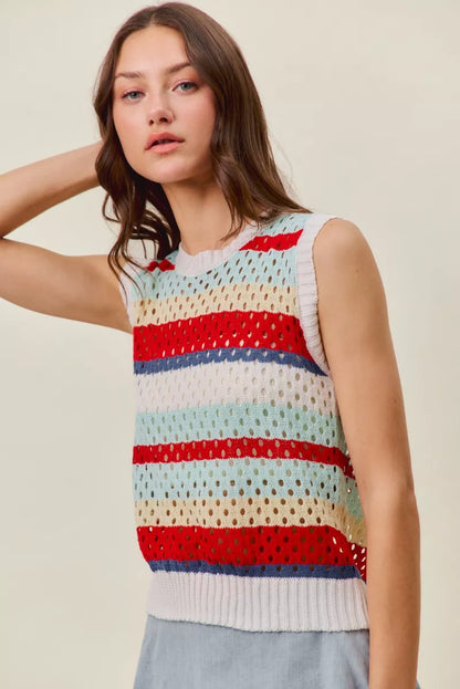 Red multi-stripe SO ME sweater knit tank top with tie-back detail, stylish sleeveless top by Trendsi.