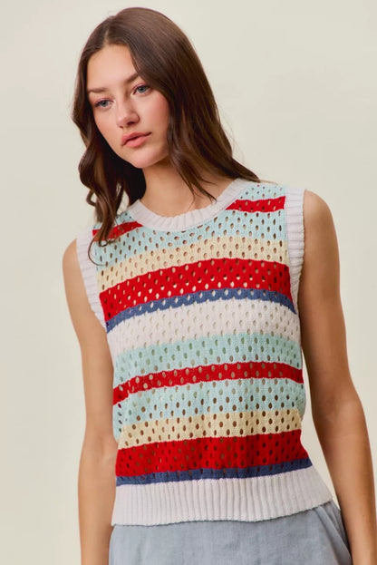 Trendsi SO ME tie-back multi stripe sweater knit tank top with red and colorful stripes, sleeveless design, and relaxed fit.