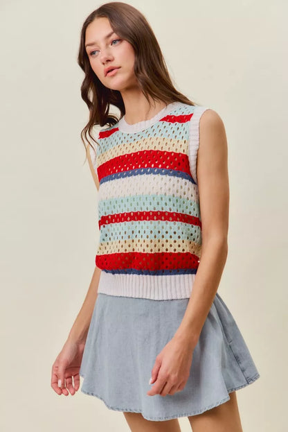 Red multi-stripe SO ME sweater knit tank top with tie-back detail, casual sleeveless top by Trendsi.