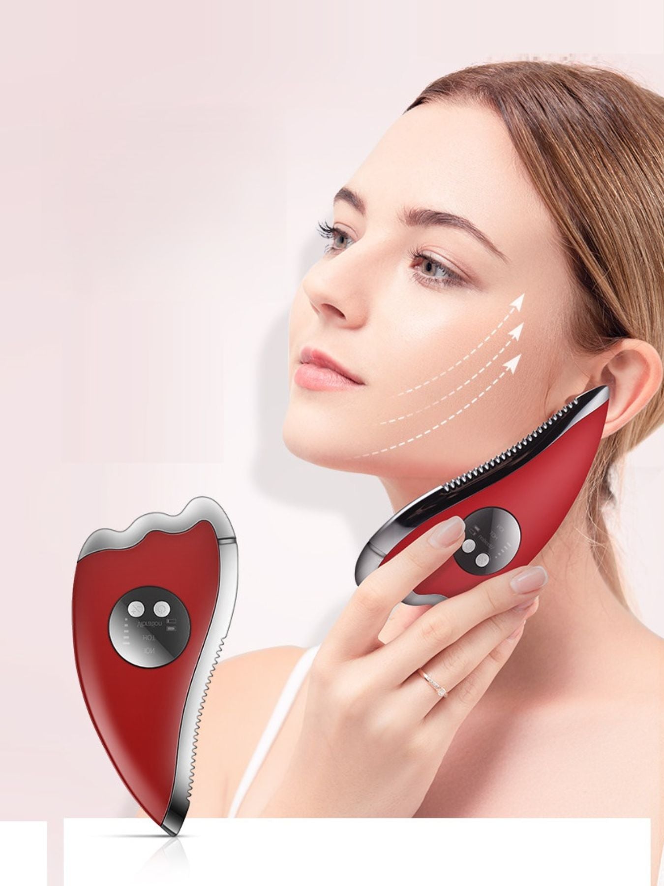 Red Trendsi vibration facial beauty device with sleek design, showing its compact handheld form for facial skincare.