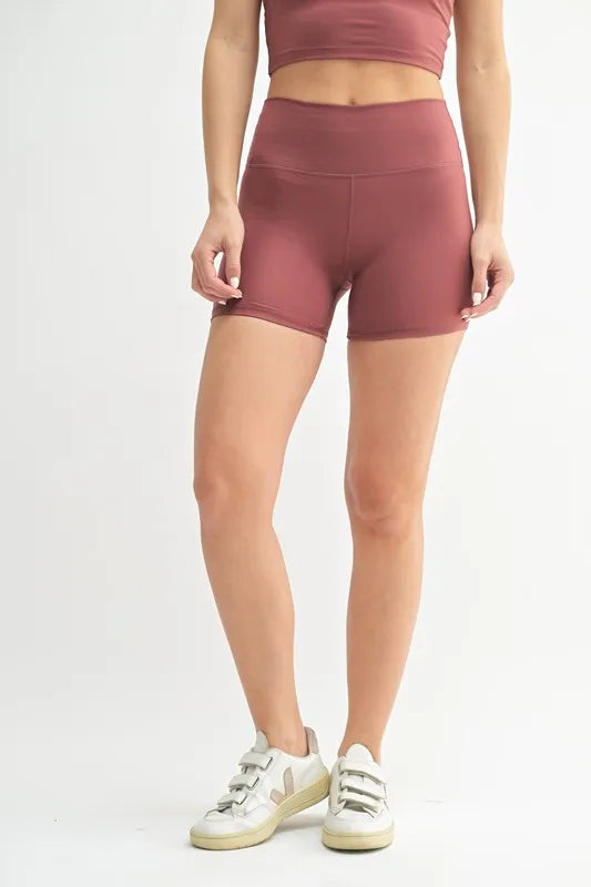 Red Venice Cloud Light Contour Biker Shorts by MONO B, trendy athletic wear with a comfortable fit and stylish design.