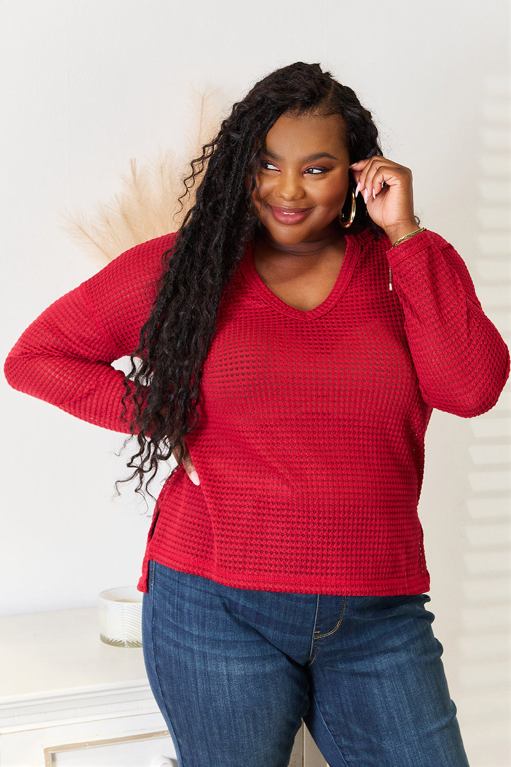 Red Culture Code full-size wide notch Relax Top by Trendsi, featuring a relaxed fit and stylish wide neckline.