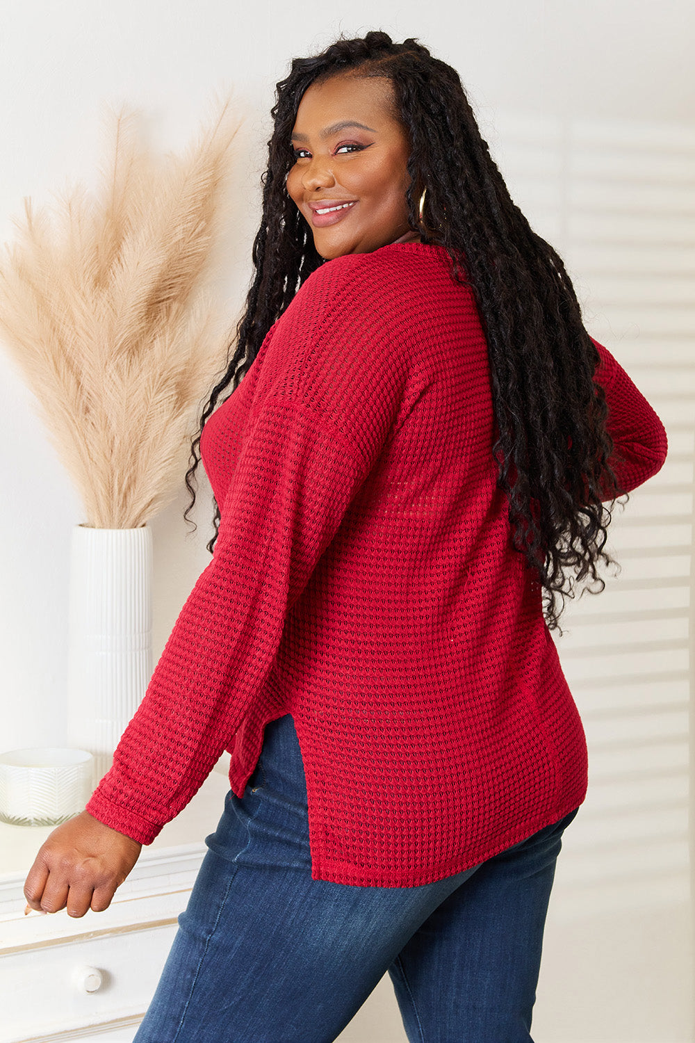 Red Culture Code full-size wide-notch relax top from Trendsi, featuring a relaxed fit and stylish neckline.