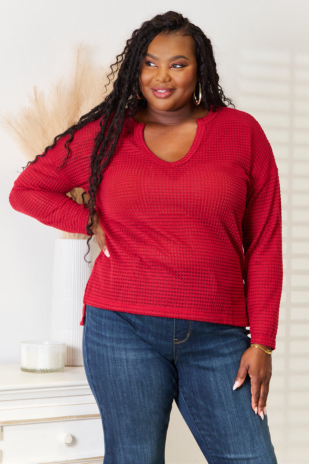 Red Culture Code full-size wide notch relax top from Trendsi, featuring a relaxed fit and stylish design.