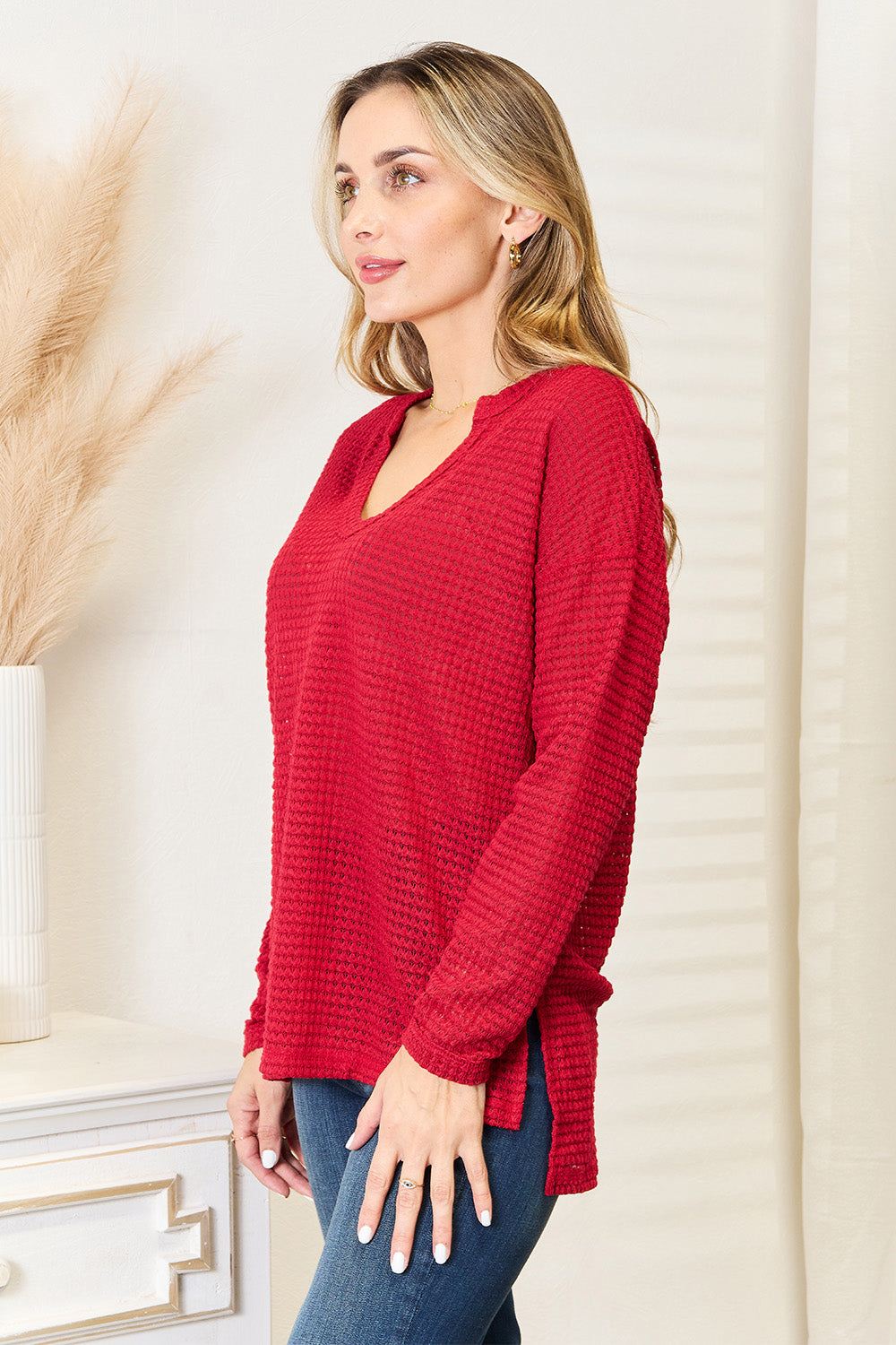 Red Culture Code full-size wide-notch relax top from Trendsi, featuring a comfortable relaxed fit and stylish design.