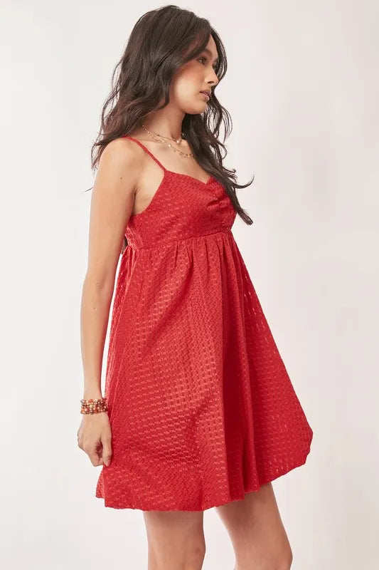 Red Davi & Dani textured sweetheart neckline bubble hem dress with long sleeves, stylish and elegant for special occasions.