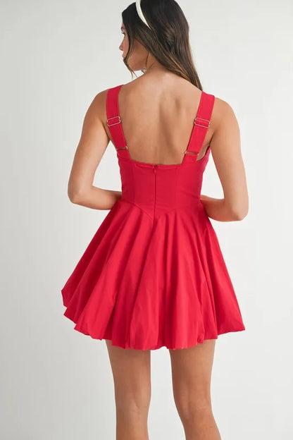 Red MABLE Poplin Square Neckline Bubble Mini Dress by Trendsi, showing the fitted bodice and playful bubble skirt detail.