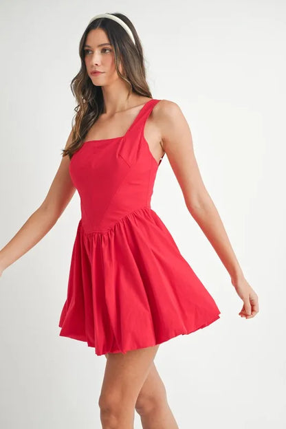 Red MABLE Poplin Square Neckline Bubble Mini Dress by Trendsi, showing the fitted bodice and playful bubble skirt.