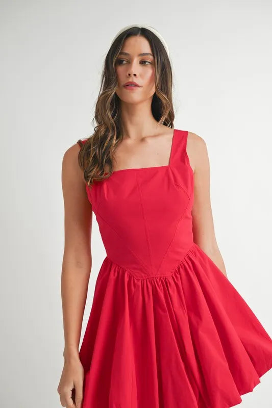 Red MABLE Poplin Square Neckline Bubble Mini Dress by Trendsi featuring a fitted silhouette and puffed sleeves.