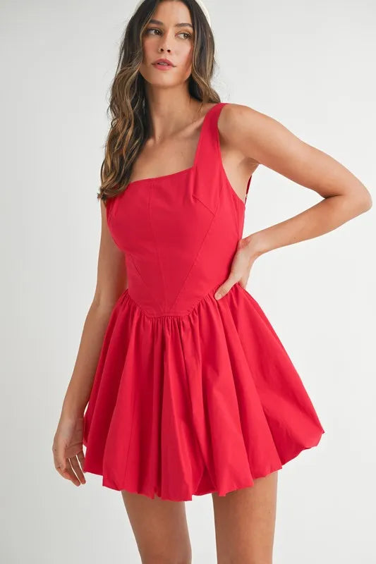 Red MABLE Poplin Square Neckline Bubble Mini Dress by Trendsi, featuring a fitted silhouette and stylish square neckline.