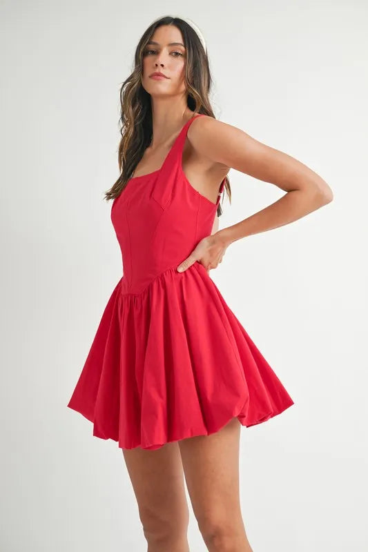 Red MABLE Poplin Square Neckline Bubble Mini Dress by Trendsi, featuring a fitted bodice and playful mini length.