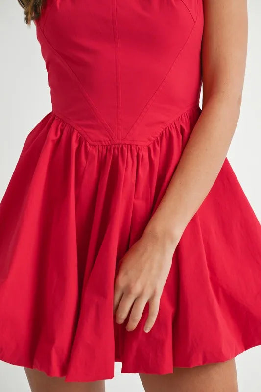 Red MABLE Poplin Square Neckline Bubble Mini Dress by Trendsi, featuring a fitted silhouette and stylish square neckline.