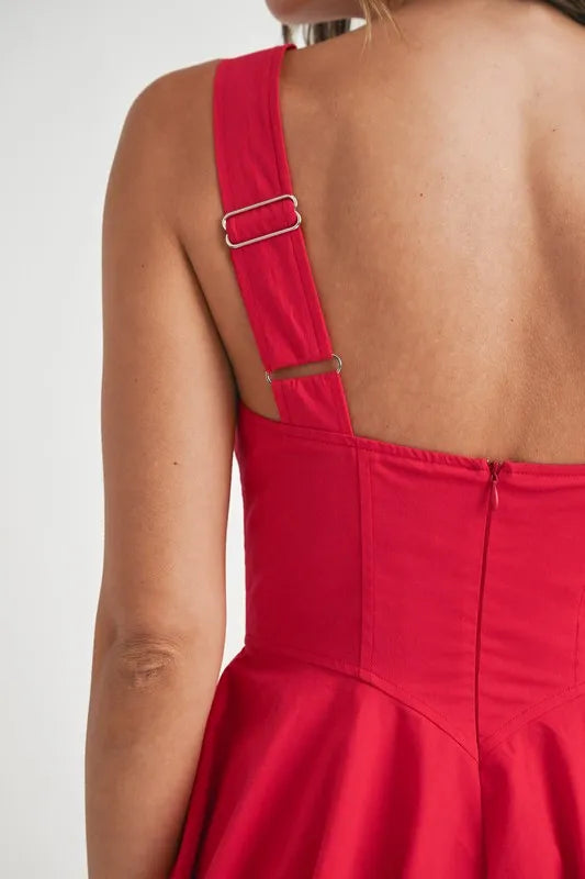 Red MABLE Poplin Square Neckline Bubble Mini Dress from Trendsi, featuring a fitted bodice and playful, voluminous skirt.