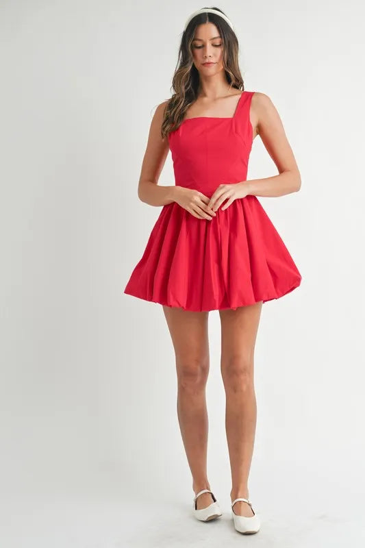 Red MABLE Poplin Square Neckline Bubble Mini Dress by Trendsi, featuring a fitted bodice and playful short skirt.