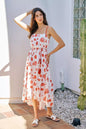 Red SO ME shell print tiered midi cami dress with belt, lined and flowy, perfect for summer or casual occasions.