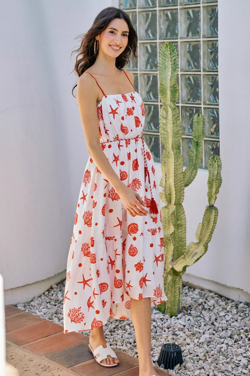 Red SO ME Shell Print Tiered Lined Midi Cami Dress with Belt, featuring a flowy silhouette and adjustable waist detail.