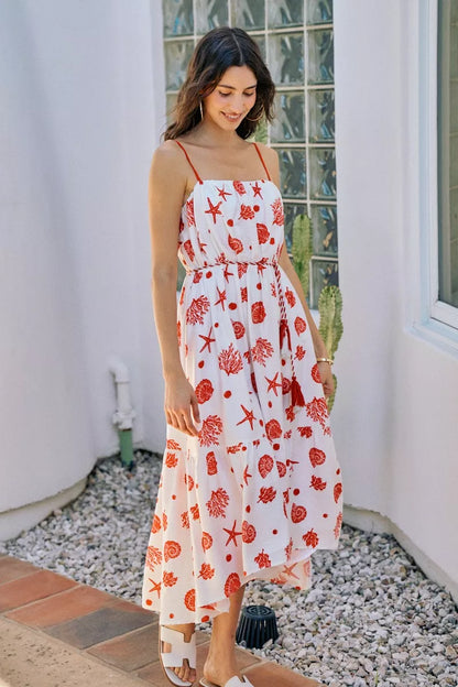 Red SO ME Shell Print Tiered Lined Midi Cami Dress with Belt, featuring a flowy silhouette and adjustable waist for a stylish look.