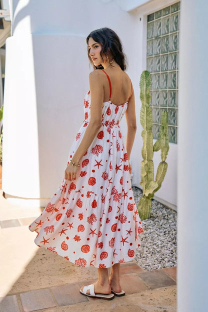 Red SO ME shell print tiered midi cami dress with lining and belt, trendy and stylish for summer or casual wear.