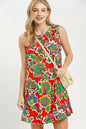 Red Umgee sleeveless shift dress with abstract print, casual summer style, featuring a relaxed fit and sleeveless design.