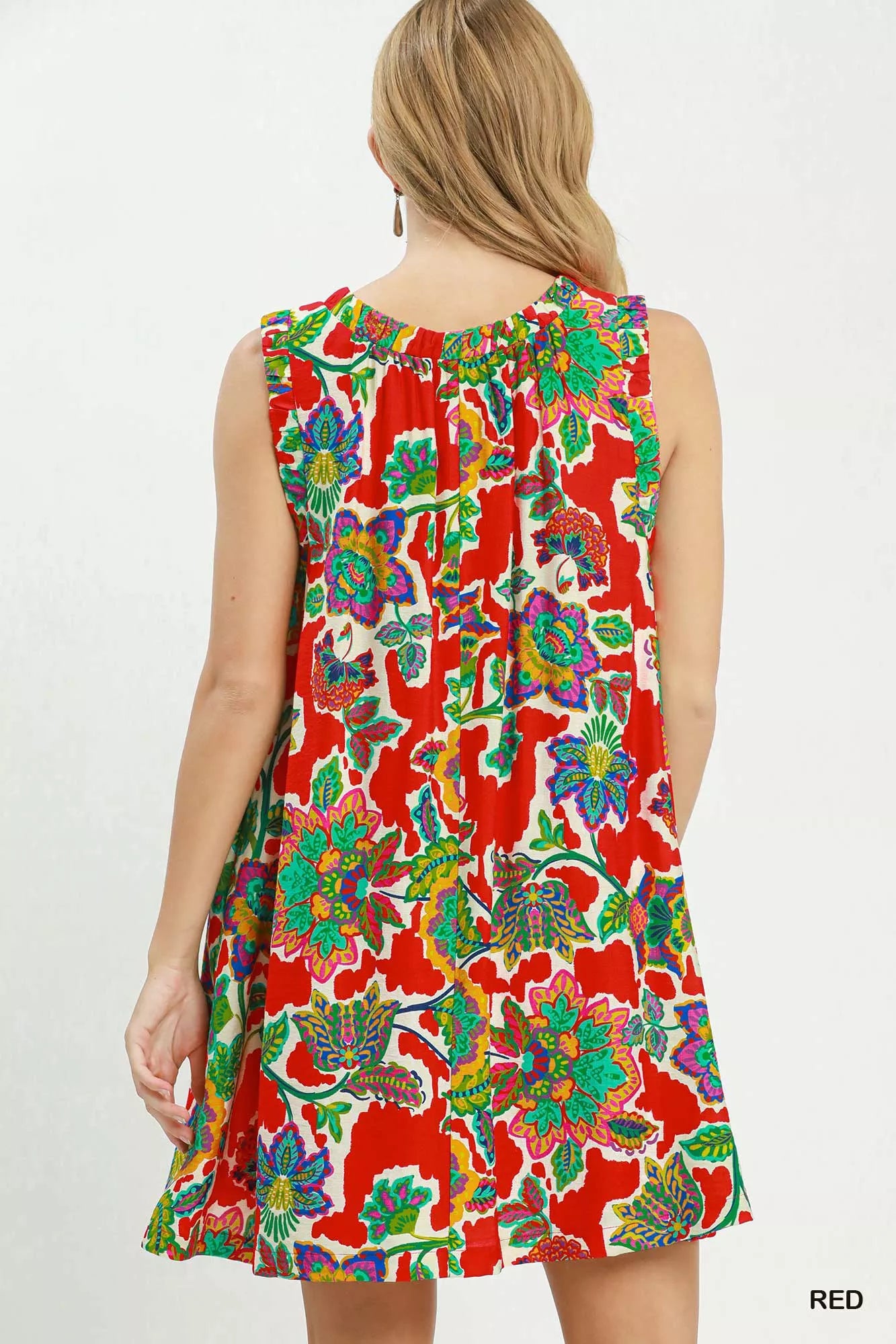 Red Umgee sleeveless shift dress with abstract print, casual summer style, lightweight fabric, and relaxed fit.