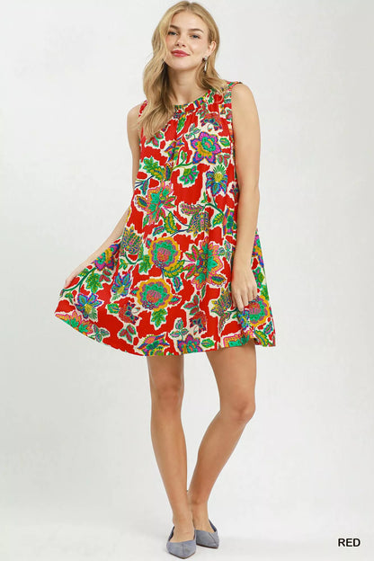 Red Umgee sleeveless shift dress with abstract print, casual summer dress by Trendsi, featuring a relaxed fit and sleeveless design.
