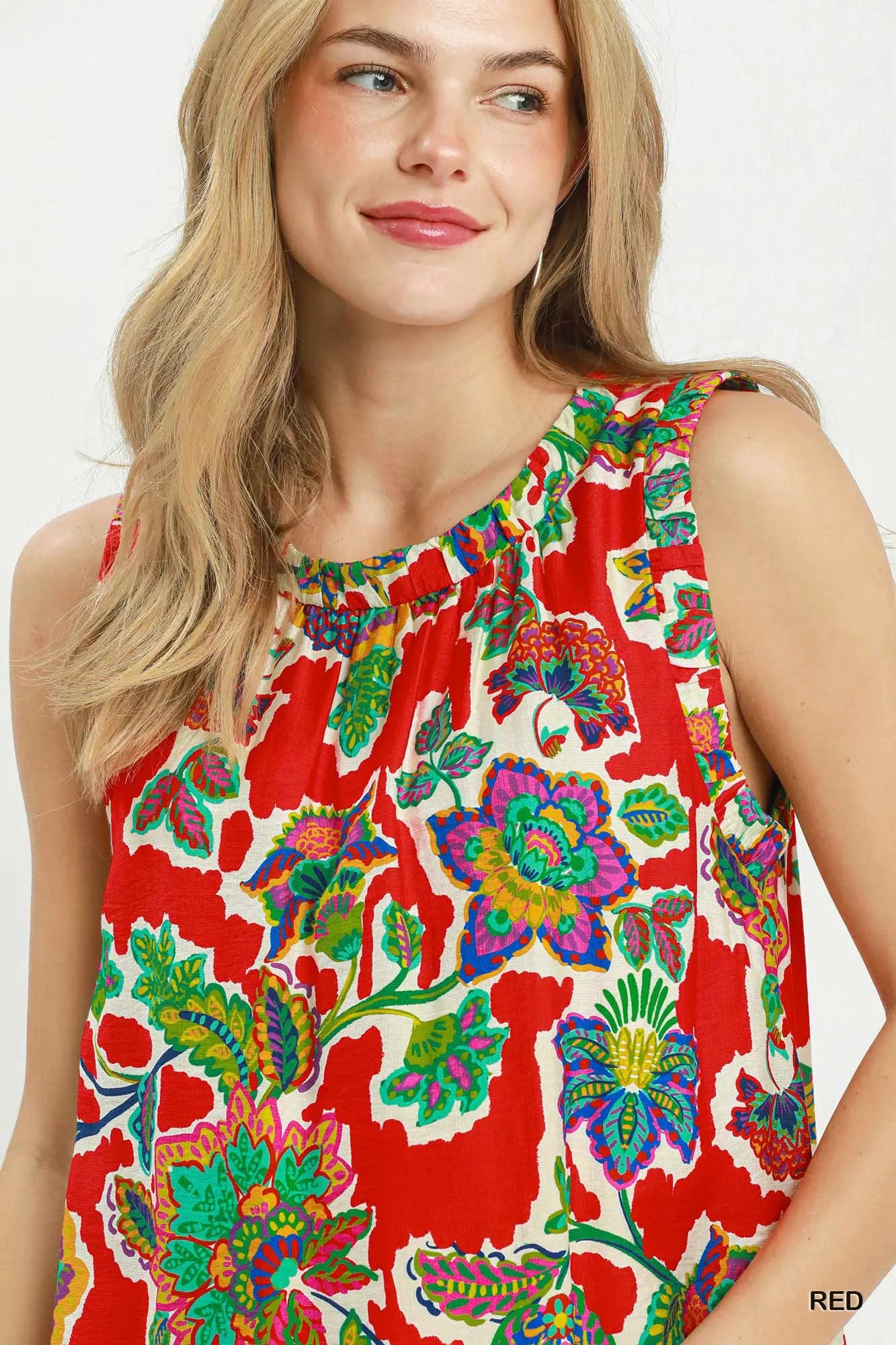 Red Umgee abstract print sleeveless shift dress with a relaxed fit, perfect for casual or summer wear.
