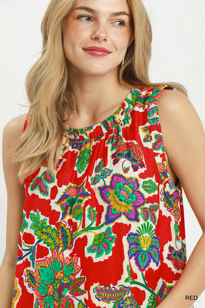 Red Umgee abstract print sleeveless shift dress with a relaxed fit, perfect for casual or summer wear.