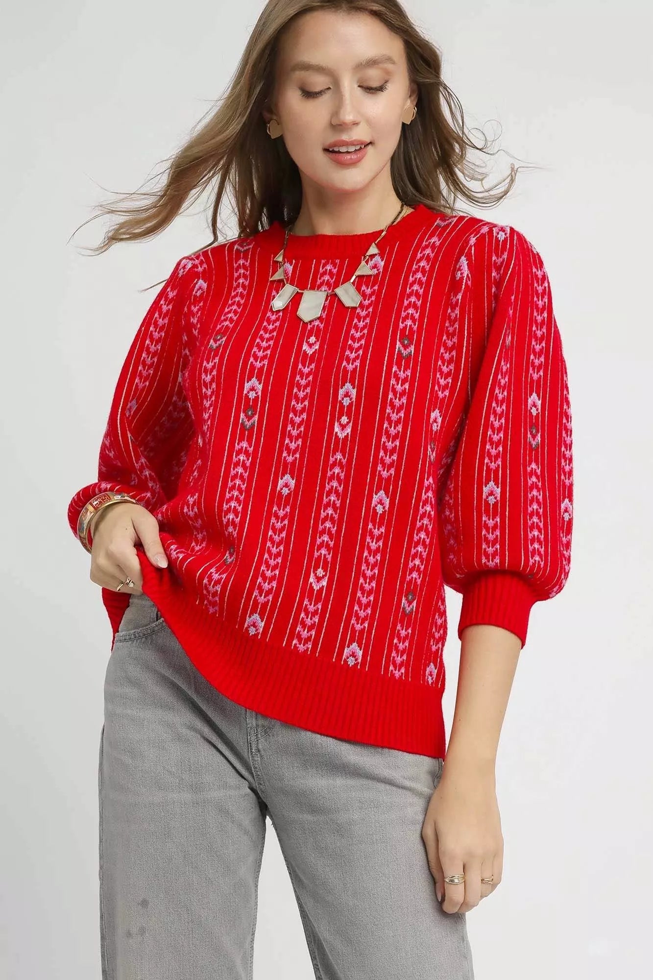 Red Umgee Jacquard Knit Puff Sleeve Sweater with intricate pattern and cozy fit, perfect for stylish winter wear.