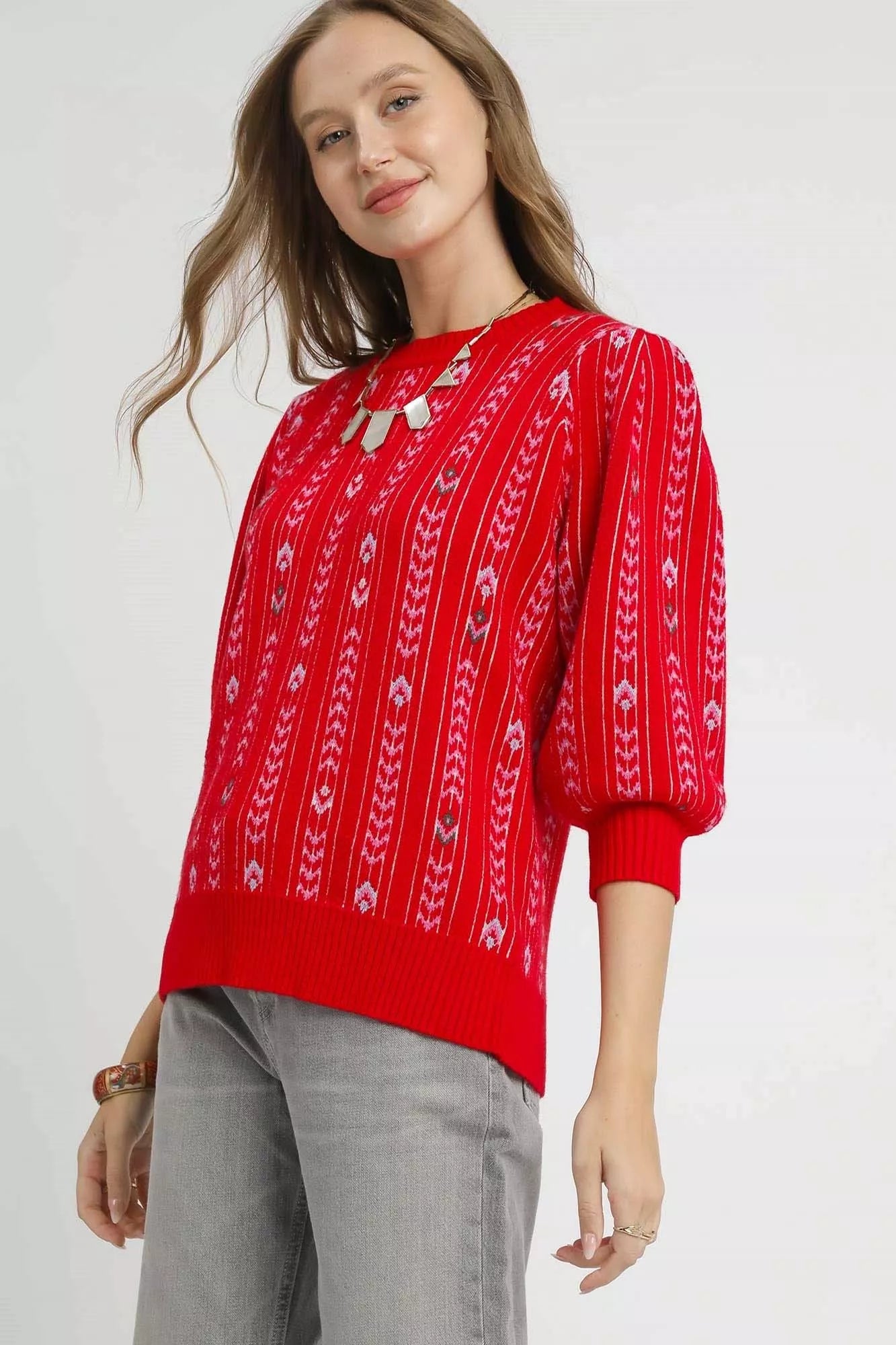 Red Umgee Jacquard Knit Puff Sleeve Sweater with intricate pattern, featuring a cozy fit and stylish puff sleeves.