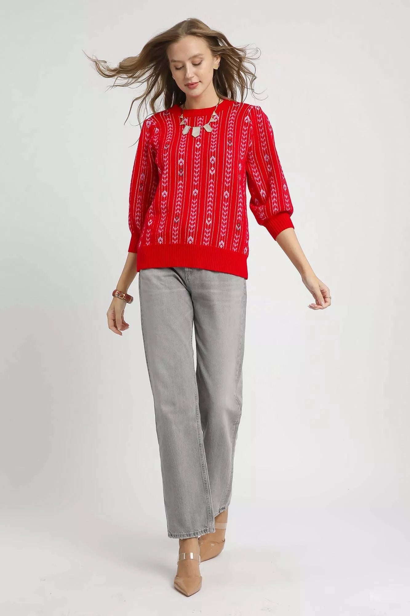 Red Umgee Jacquard Knit Puff Sleeve Sweater featuring intricate knit pattern and stylish puff sleeves.