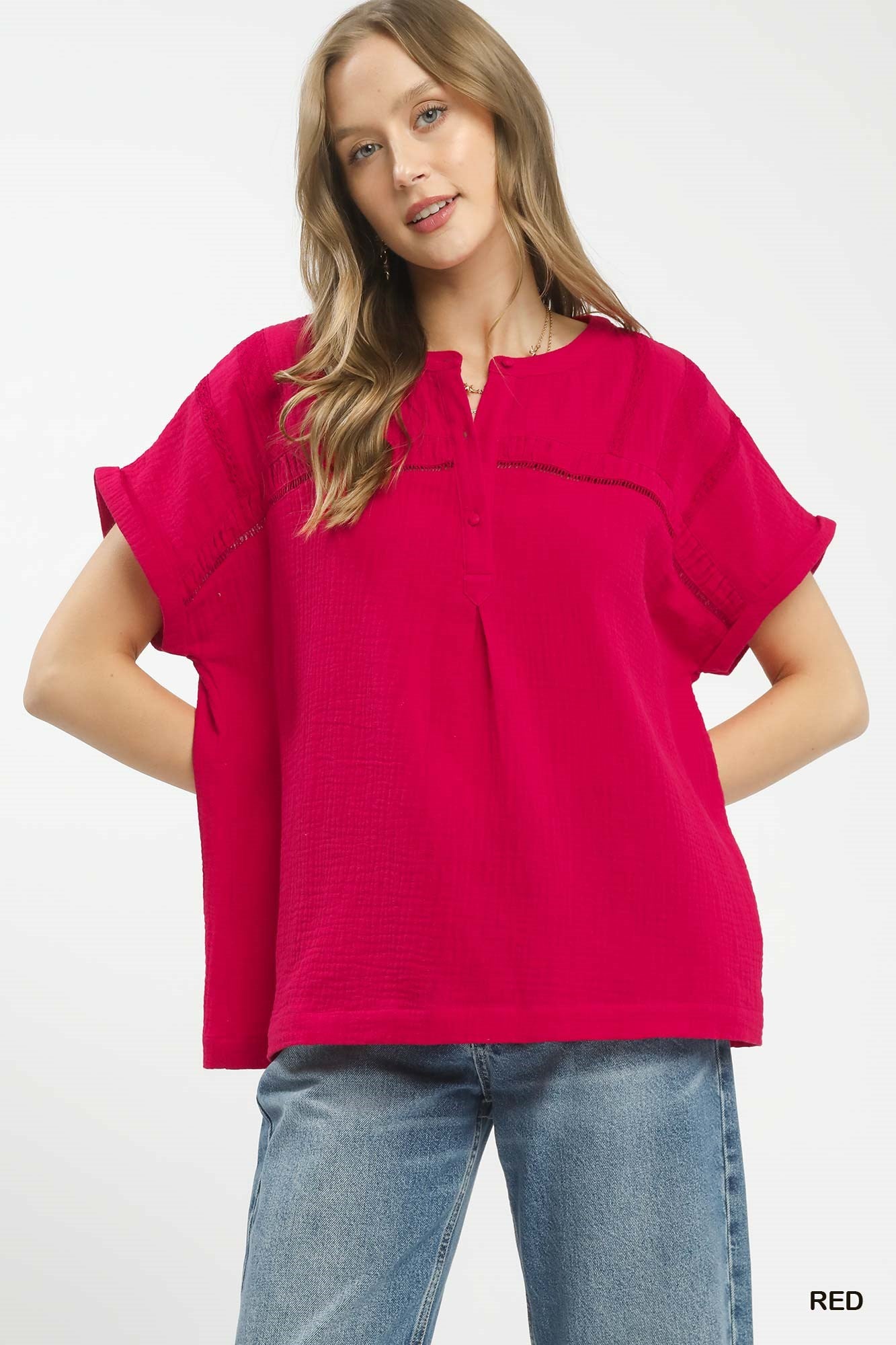 Red Umgee boho blouse with textured gauze fabric and split neckline, casual long-sleeve top for a relaxed, stylish look.