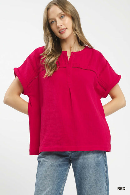 Red Umgee boho blouse with textured gauze fabric and split neckline, casual long-sleeve top for a relaxed, stylish look.