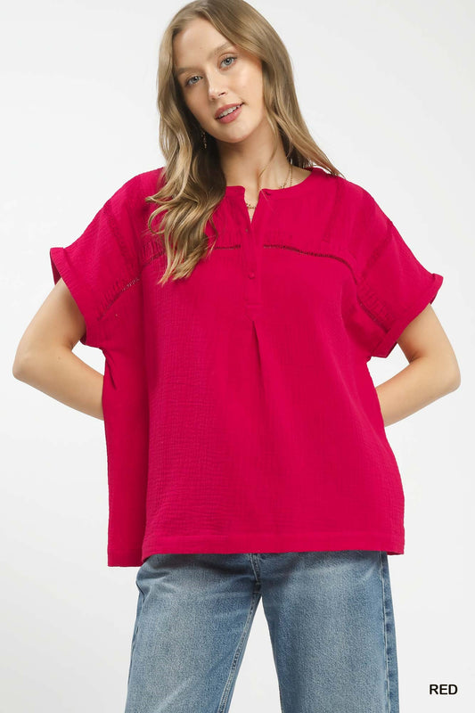 Red Umgee boho blouse with textured gauze fabric and split neckline, casual long-sleeve top for a relaxed, stylish look.