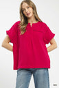 Red Umgee boho blouse with textured gauze fabric and split neckline, casual long-sleeve top for a relaxed, stylish look.
