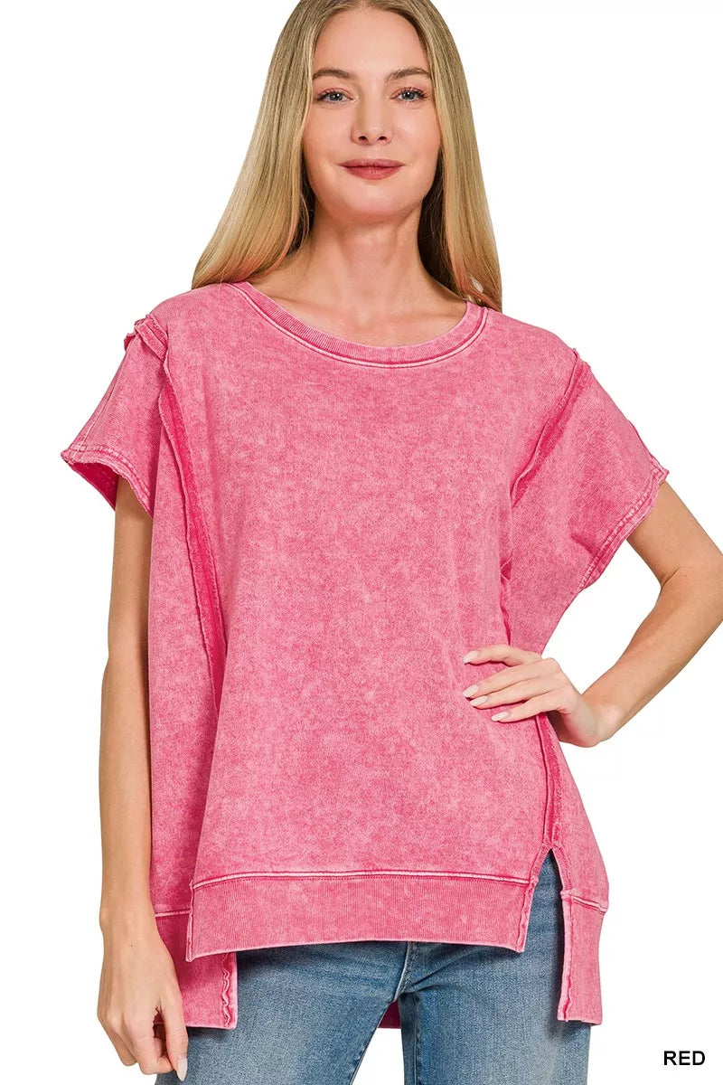 Red Zenana fleece terry halo snow washed oversized hi-low top with relaxed fit, casual style, and long sleeves.