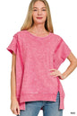 Red Zenana fleece terry halo snow washed oversized hi-low top with relaxed fit, casual style, and long sleeves.