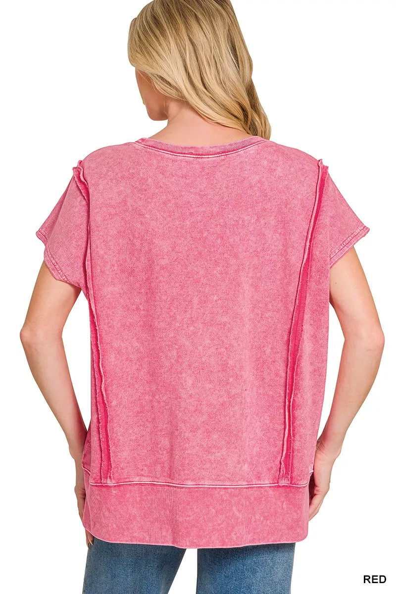 Red snow-washed oversized terry halo top by Zenana, featuring a hi-low hem and relaxed fit.