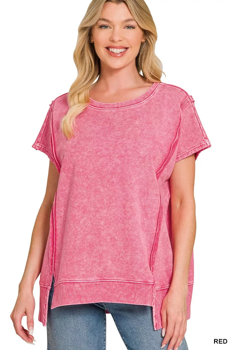 Red Zenana fleece terry halo oversized hi-low top with snow wash finish, casual relaxed-fit fashion for women.