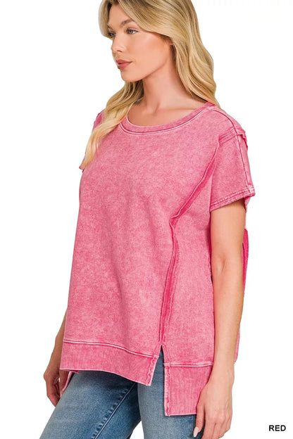 Red Zenana fleece terry oversized hi-low top with snow washed finish, casual style, featuring a relaxed fit and dropped shoulders.