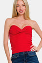 Red Zenana ruched twisted sweetheart neck top with long sleeves, displayed on a hanger.