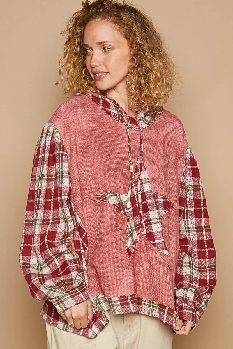 Red and beige plaid long sleeve hooded top with star patches, casual Trendsi POL Star Patch Plaid hoodie for women.