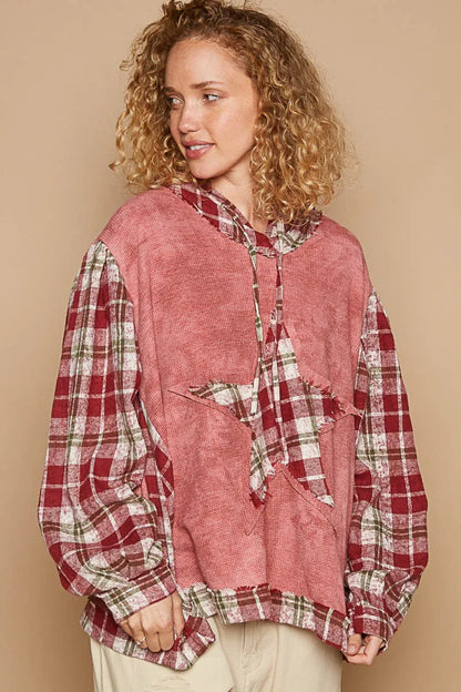 Red and beige plaid long sleeve hooded top with star patches, casual Trendsi POL Star Patch Plaid hoodie for women.