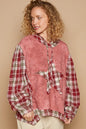 Red and beige plaid long sleeve hooded top with star patches, casual Trendsi POL Star Patch Plaid hoodie for women.